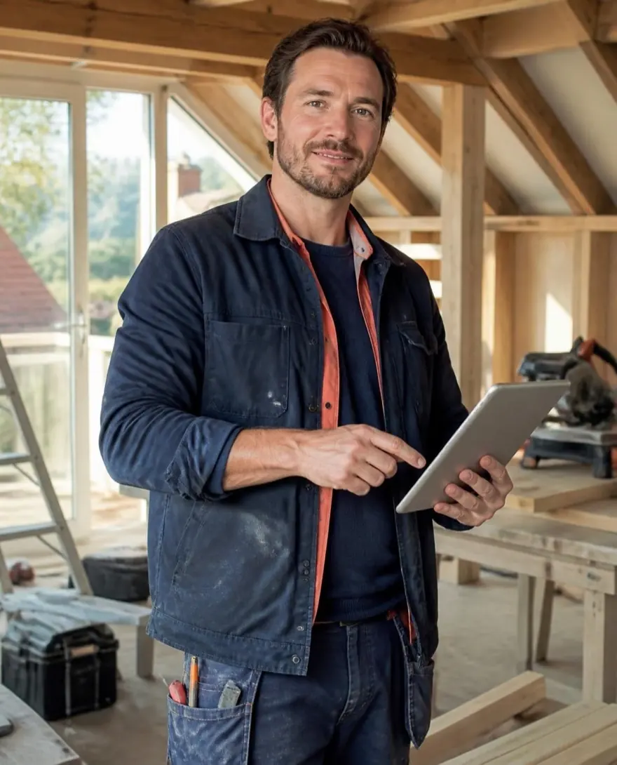 Artisan du bâtiment consultant une demande de devis sur sa tablette, sur un chantier de rénovation
