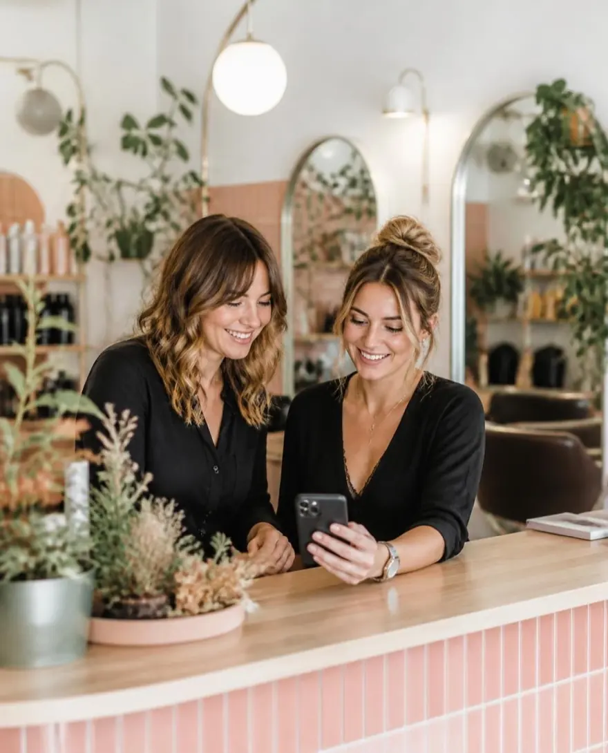 Deux professionnelles de la beauté consultant les réservations en ligne sur un smartphone à l’accueil de leur salon