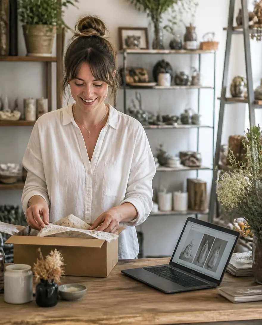 Commerçante préparant une commande en click & collect dans sa boutique, ordinateur ouvert sur sa boutique en ligne