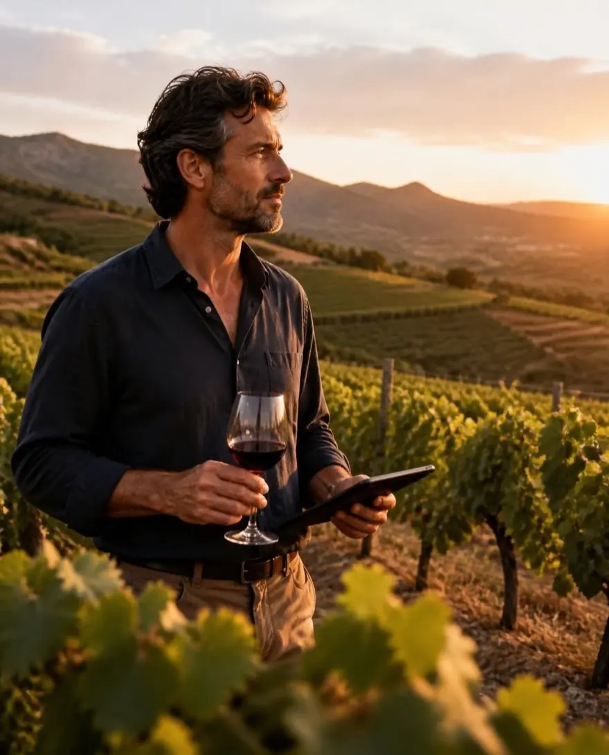 Vigneron dans ses vignes au coucher du soleil, un verre de vin rouge et une tablette à la main