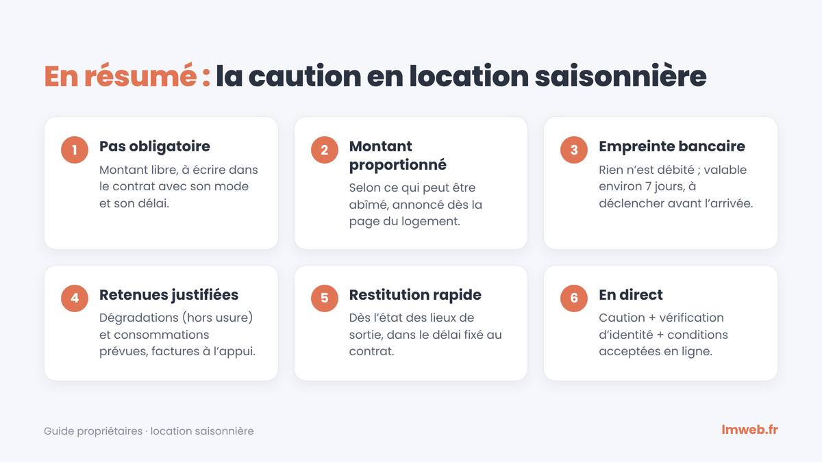 Infographie en résumé : les 6 points clés de la caution en location saisonnière